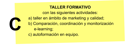 TALLER FORMATIVO con las siguientes actividades: a) taller en mbito de marketing y calidad;                    b) Comparacin, coordinacin y monitorizacin      e-learning;c) autoformacin en equipo. C